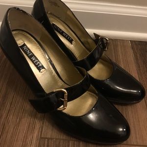 Nine West Black Leather MaryJane Heels